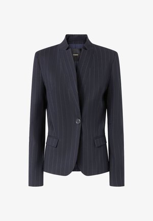 Blazer blu navy a righe sottili con colletto a reverse, chiusura con un solo bottone e due tasche frontali. Realizzato in tessuto strutturato, vestibilità sartoriale.
