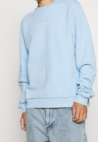 Ljusblå sweatshirt av mjukt tyg. Har rund halsringning, ribbade muddar och en liten vit broderad logotyp på bröstet.