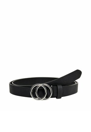 Black leather belt rolled with double silver metal ring buckle, displayed on white background.