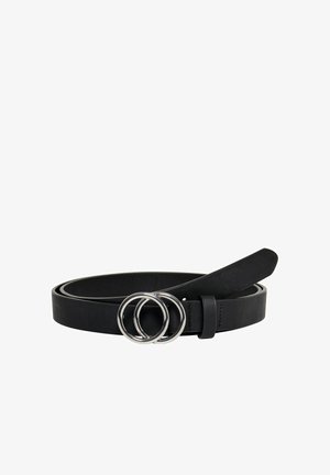 Black leather belt rolled with double silver metal ring buckle, displayed on white background.