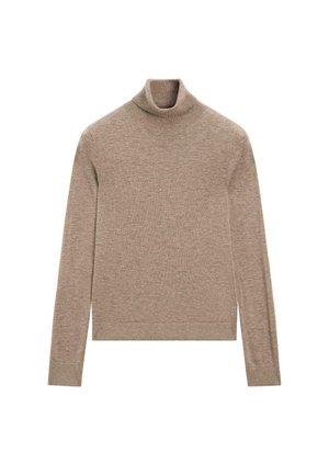 Beżowy sweter z golfem wykonany z cienkiej dzianiny. Długie rękawy i dopasowany krój z prążkowanymi mankietami oraz dekoltem.