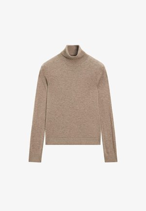 Beiger Rollkragenpullover aus feiner Strickware. Lange Ärmel und eine figurbetonte Passform mit gerippten Bündchen und Ausschnitt.