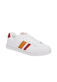 Sneaker bianca con strisce in suede rosse e arancioni, punta rotonda, design con lacci, suola in gomma e un piccolo logo sulla linguetta.