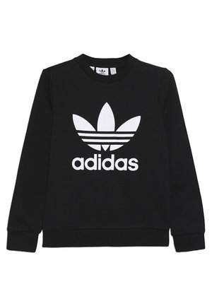Sudadera negra con mangas largas, cuello redondo y logo blanco de Adidas que presenta tres franjas y un diseño de trébol en el frente.