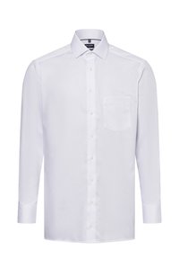 Weißes Langarmhemd mit klassischem Kragen, vorderer Knopfleiste, einer Brusttasche, strukturiertem Stoff und abgerundetem Saum.