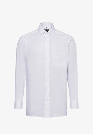 Weißes Langarmhemd mit klassischem Kragen, vorderer Knopfleiste, einer Brusttasche, strukturiertem Stoff und abgerundetem Saum.