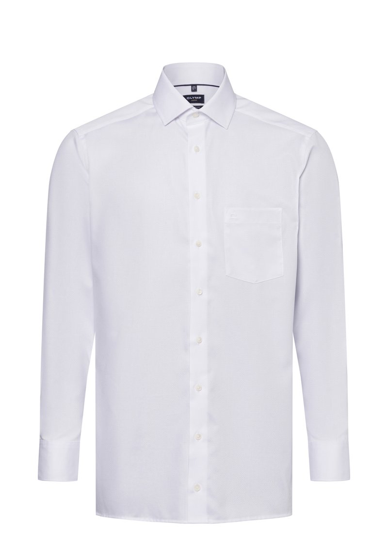 Weißes Langarmhemd mit klassischem Kragen, vorderer Knopfleiste, einer Brusttasche, strukturiertem Stoff und abgerundetem Saum.