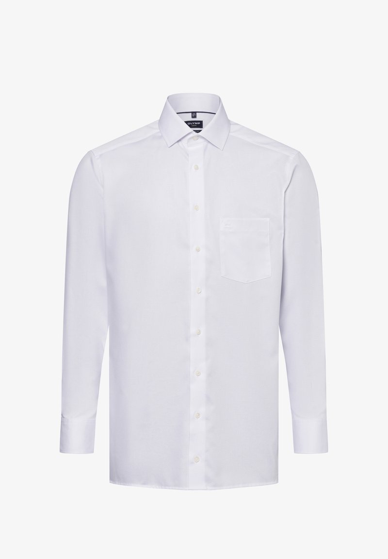 Weißes Langarmhemd mit klassischem Kragen, vorderer Knopfleiste, einer Brusttasche, strukturiertem Stoff und abgerundetem Saum.