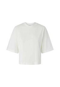 Lange mouwen, cropped wit T-shirt met een ronde hals. Heeft een subtiele reliëflogo aan de voorkant. Gladde textuur, comfortabele pasvorm.