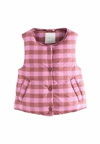 Gilet matelassé à carreaux rose et marron avec un col rond, des boutons-pression à l'avant et deux poches latérales. Matériau lisse et rembourré.