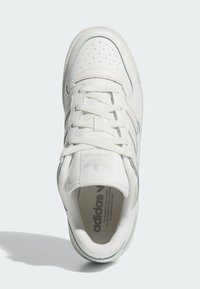 Sapatilha Adidas branca com atacadores, bico perfurado e palmilha com marca, vista de cima contra um fundo claro.