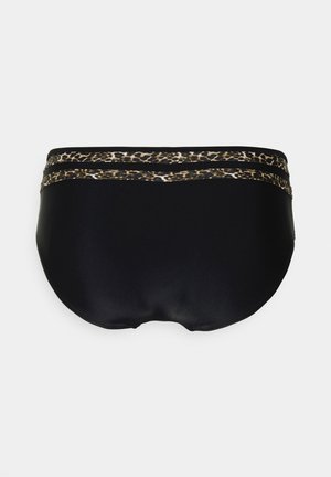 Zwarte zwemonderdelen met een gladde textuur, voorzien van een luipaardprint band aan de bovenkant en contrasterende stiksels op de taille.