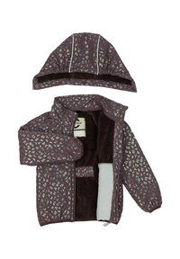 Paarse jas met bloemenpatroon, afneembare capuchon, rekbare manchetten en zachte fleece voering. Voorzien van een ritssluiting en een binnenzak.