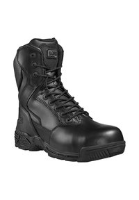 Zwarte tactische boot met een glad leren bovenwerk, versterkte neus, zes oogjes vetersluiting en een robuuste rubberen zool voor grip en duurzaamheid.