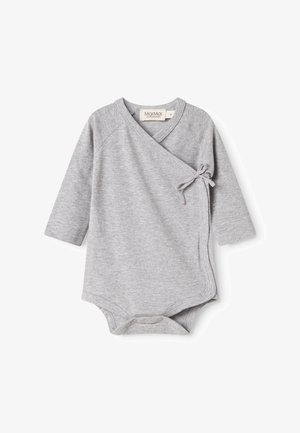 Body pentru bebeluși gri, cu mânecă lungă, design înfășurat, detalii cu fundiță și închidere cu capse în partea de jos pentru îmbrăcare ușoară. Fabric din bumbac moale.