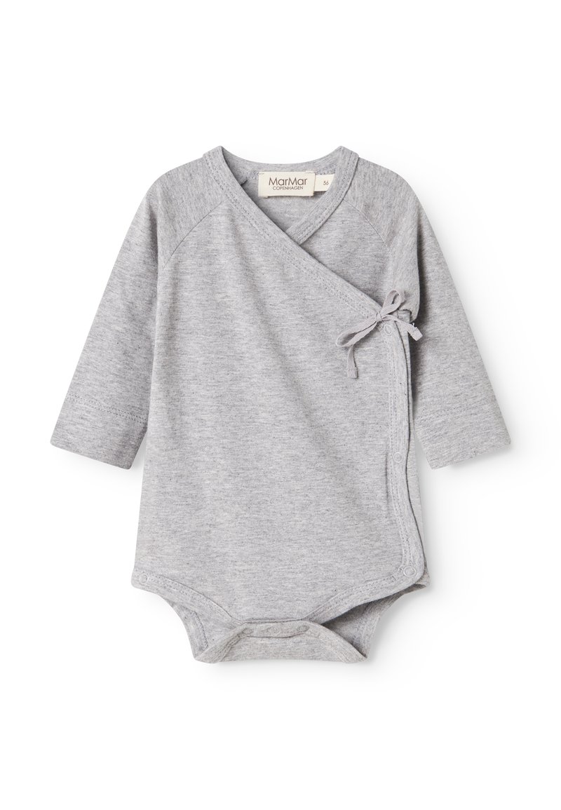 Grå langermet baby bodysuit med innpakningsdesign, knytedetalj og trykknapper nederst for enkel påkledning. Mykt bomullsstoff.