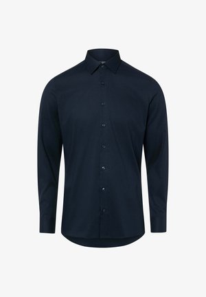 Camicia blu navy a maniche lunghe in tessuto strutturato, con bottoni frontali, colletto appuntito e orlo curvo. Adatta per abbigliamento formale.