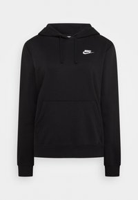 Svart hoodie i mjukt tyg med dragsnöre på huvan, framficka och en vit Nike-logotyp på vänster bröst.