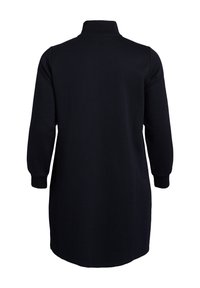 Black long-sleeve tunic with a high collar. Made of a soft, smooth fabric, featuring a relaxed fit and rounded hem at the bottom.