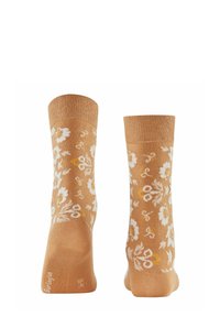 Brązowe skarpetki do kostek z białym i żółtym kwiatowym wzorem; ribb-żółwiony mankiet; miękka tekstura; lekki materiał; zaprojektowane do codziennego noszenia.