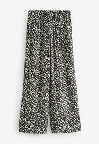 Pantaloni largi cu un model leopard, având nuanțe de negru, brun și bej. Confecționați dintr-un material ușor, cu un brâu elastic.