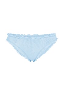 Sous-vêtement féminin style bikini bleu clair avec bords volantés en tissu transparent.