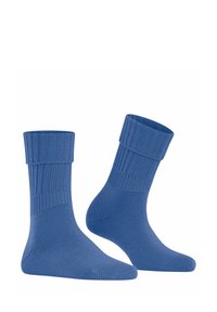 Due calzini blu a coste esposti affiancati, che mostrano una texture morbida e un design alla caviglia adatto per un abbigliamento casual.