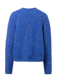 Blauer Pullover mit strukturierter Oberfläche, lockerem Sitz, Raglanärmeln und bunten Sprenkeln im gesamten Stoff.