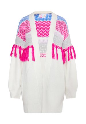 Cardigan en tricot blanc avec des accents colorés en rose, violet et bleu, et des franges sur les manches. Design à enfiler.