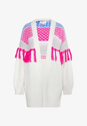 Cardigan alb tricotat cu accente colorate în roz, violet și albastru, cu detalii din fringe pe mâneci. Design cu deschidere frontală.