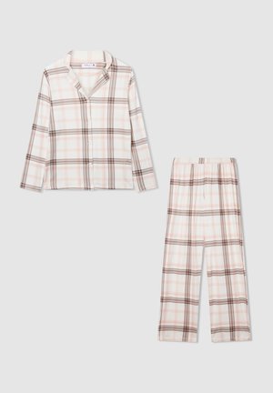 Set di pigiami a quadri in morbido tessuto, con colori rosa chiaro, marrone e bianco. Include una parte superiore con bottoni e pantaloni con cintura elastica.