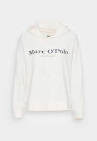 Felpa bianca con tasca frontale, cordini e stampa del logo. Presenta polsini e orlo a coste in un tessuto morbido.