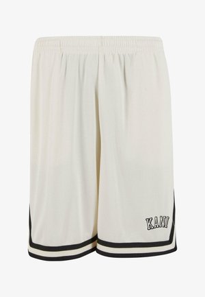 Weiße Sportshorts aus strukturiertem Stoff, mit schwarzem Besatz, zwei weißen Streifen nahe dem Saum und aufgesticktem "KANI"-Logo.