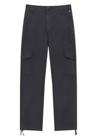 Pantalon cargo en coton gris foncé avec une coupe décontractée, deux poches latérales, fermeture à boutons sur le devant et poignets à cordon de serrage. Texture lisse, design durable.