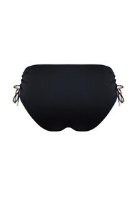 Czarny dół bikini z regulowanymi bocznymi wiązaniami, ozdobiony kolorowymi akcentami. Gładka tekstura i średni wzrost, zapewniający pełne pokrycie.