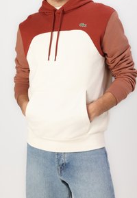 Sudadera con capucha de diseño bicolor: cuerpo blanco, mangas terracota y un pequeño logo verde. Cuenta con un bolsillo frontal y cordones.
