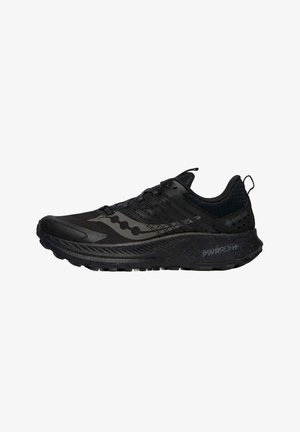 Chaussure de course Saucony noire avec empeigne Gore-Tex, semelle intermédiaire PWRRUN+ et semelle extérieure texturée, vue de côté.