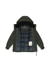 Dark green insulated jacket with a hood, featuring a quilted black interior, front pockets, and a label inside. Zippered closure with press studs.