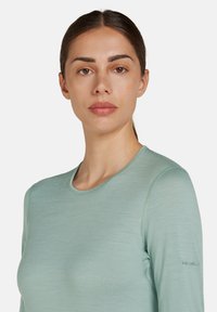 Camicia a maniche lunghe verde chiaro realizzata in materiale morbido, caratterizzata da un colletto rotondo e dettagli di cucitura sottili. Logo visibile sulla manica.