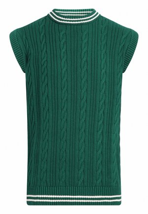 Gilet sans manches vert en maille torsadée avec col rond et ourlet rayés blancs sur fond blanc.