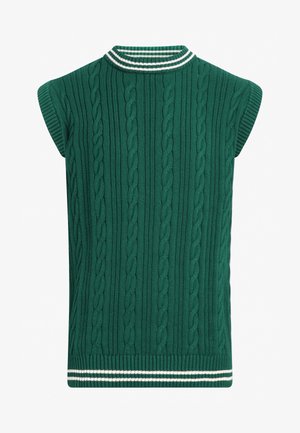 Gilet sans manches vert en maille torsadée avec col rond et ourlet rayés blancs sur fond blanc.