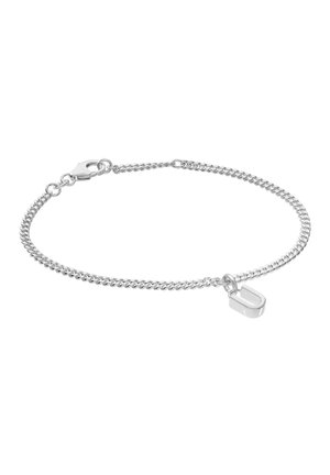 Silver chain bracelet with small U-shaped pendant and lobster clasp on a white background.