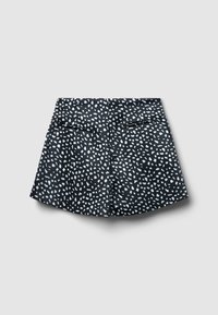 Pantaloni neri con un motivo astratto bianco, due tasche posteriori e una vita strutturata, realizzati in un tessuto leggero.