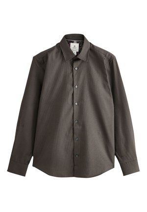 Tamsiai ruda ilgomis rankovėmis palaidinė su tekstūruotu raštu, klasikiniu apykakliu ir sagų užsegimu priekyje su tamsiomis sagomis.