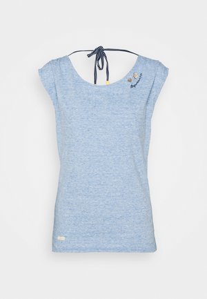 Jasnoniebieski top bez rękawów z okrągłym dekoltem, haftowanym napisem oraz małymi kwiatowymi i sercowymi detalami przy ramieniu, paskowana kokarda z tyłu.