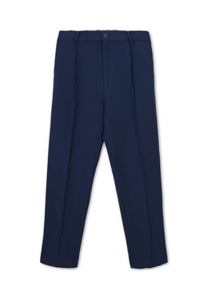 Pantaloni blu navy realizzati in tessuto morbido, con vita alta, due tasche davanti e un design plissettato. Texture liscia e forma sartoriale.
