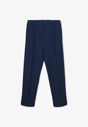 Marineblaue Hose aus weichem Stoff, mit hoher Taille, zwei vorderen Taschen und einem gefältelten Design. Glatte Textur und taillierte Form.