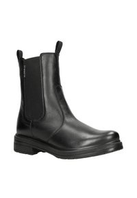 Bottines Chelsea en cuir noir avec panneaux élastiques sur les côtés, bout rond et semelle en caoutchouc épaisse. Comprend des languettes pour un enfilage facile.