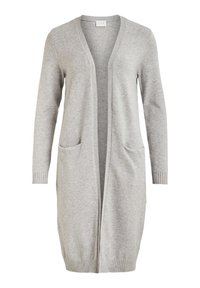 Ljusgrå stickad cardigan med öppen framsida, långa ärmar, två framfickor samt ribbad mudd och nederkant. Mjuk textur och minimalistisk design.