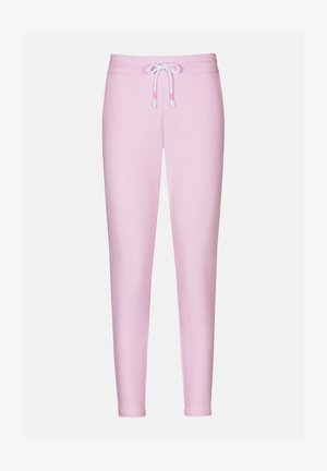 Różowe dresy z elastycznym paskiem i sznurkiem, zwężanymi nogawkami oraz gładką fakturą. Zaprojektowane z myślą o komforcie w swobodnym stylu.